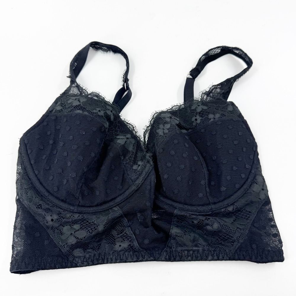 Victorias Secret Dream Angels Black Lace Swiss Dot Longline Bra 32DD
